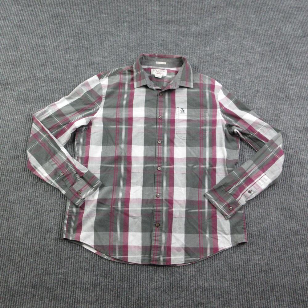 Original Penguin Shirt Mens XL Gray Plaid Button Up Slim Fit Heritage Casual